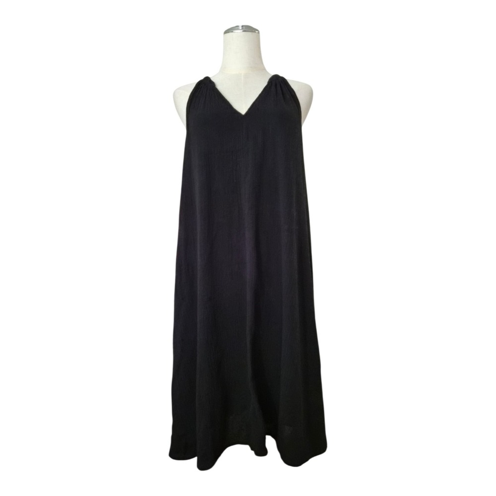 Garnet Hill Black Crinkle Cotton Gauze Maxi Dress M‎ Lined Boho Lagenlook